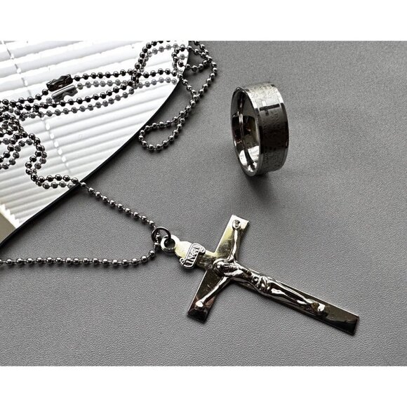 Unbranded Other - Cross Crucifix With Etched Edge INRI and  - stainless steel cross ring LUX - 10V